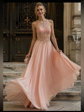 Cinderella Divine Blush Pink Beaded Evening Gown Size 6 Open Back Maxi Dress